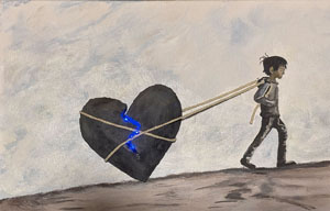 70 × 40 cm, Acryl, Strukturpaste, Styropor, Kordel, LED-Lichter,fluoreszierende Nachtleuchtfarbe an der Kordel, Bildnummer 56