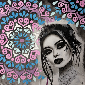 40x40 cm, Acryl, Airbrush, Strukturpaste, Glitzerstein, schwarzer Dekodtein, Bildnummer 86