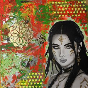 50x50 cm, Airbrush, Acryl, Neonfarbe, Strukturpaste, Blattgold (künstlich), Bildnummer 84