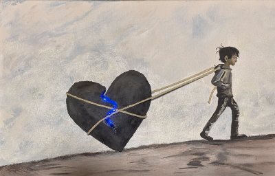 Bildnummer 56: Acryl, Strukturpaste, Styropor, Kordel, LED-Lichter, fluoreszierende Nachtleuchtfarbe an der Kordel, 70 ✕ 40