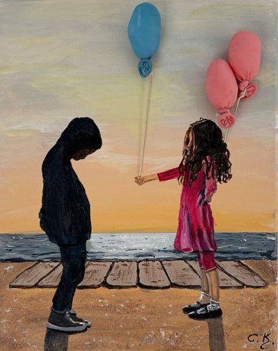 Bildnummer 1: Acryl mit Luftbalons an Schnüren, 24 ✕ 30 cm