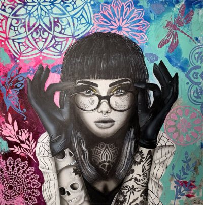 Bildnummer 107: Airbrush, Acryl, Strukturpaste, Neonfarbe, 50 ✕ 50 cm