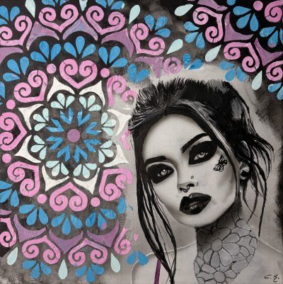 Bildnummer 86: Airbrush, Acryl, Strukturpaste, Glitzerstein, schwarzer Dekostein, 40 ✕ 40 cm