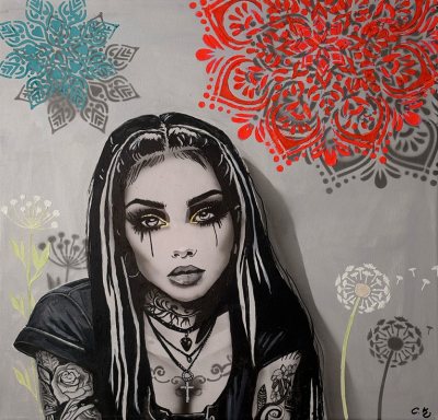 Bildnummer 85b: Airbrush, Neonfarbe, Acryl, Strukturpaste, 50 ✕ 50 cm