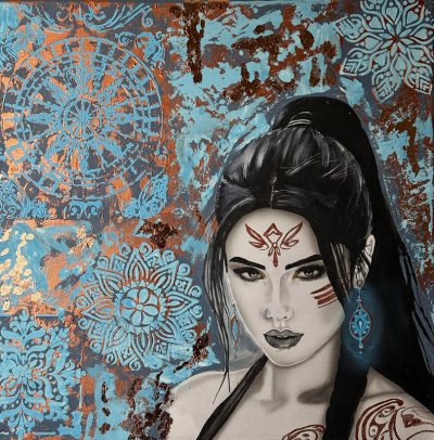 Bildnummer 85: Airbrush, Acryl, Strukturpaste, Blattbronze (künstlich), 50 ✕ 50 cm